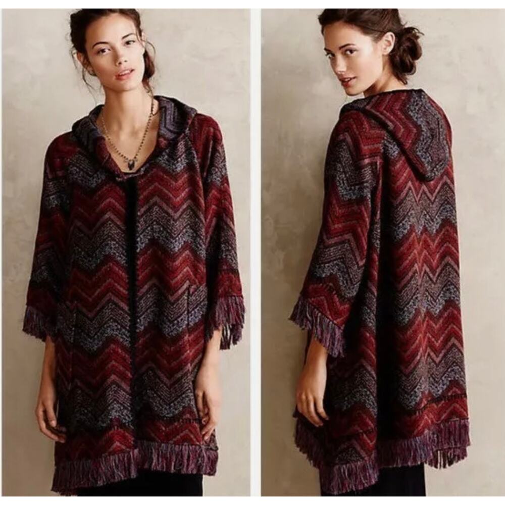 ANTHROPOLOGIE XS/S MESILLA JACQUARD‎ HOODED OPEN FRONT CHEVRON PATTERN COAT XS/S